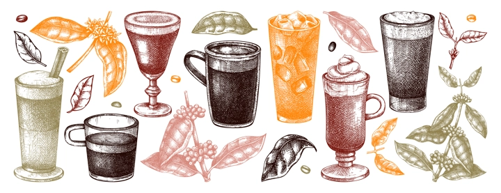 Hand-sketched coffee illustrations collection. Vector sketches of glasses and mugs with aromatic drinks. Botanical coffee plants, leaves and beans in vintage style. Vector beverages set in color.